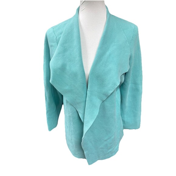 Eileen Fisher 1X Aqua Blue Cotton/Silk Blend Knit Draped Open-Front Cardigan - Picture 1 of 8